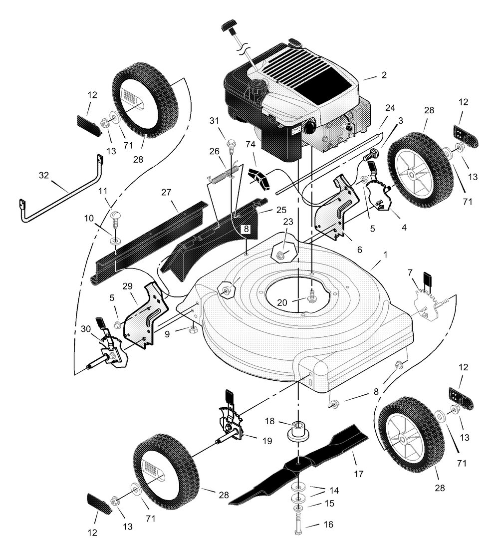 Mower Housing Assembly Diagram and Parts List for 20416X50C 2001 Briggs and Stratton Lawn Mower